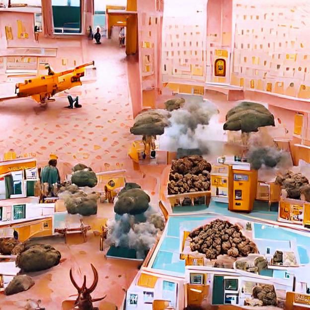 Vibrant Post-Apocalyptic Scene in Wes Anderson Style