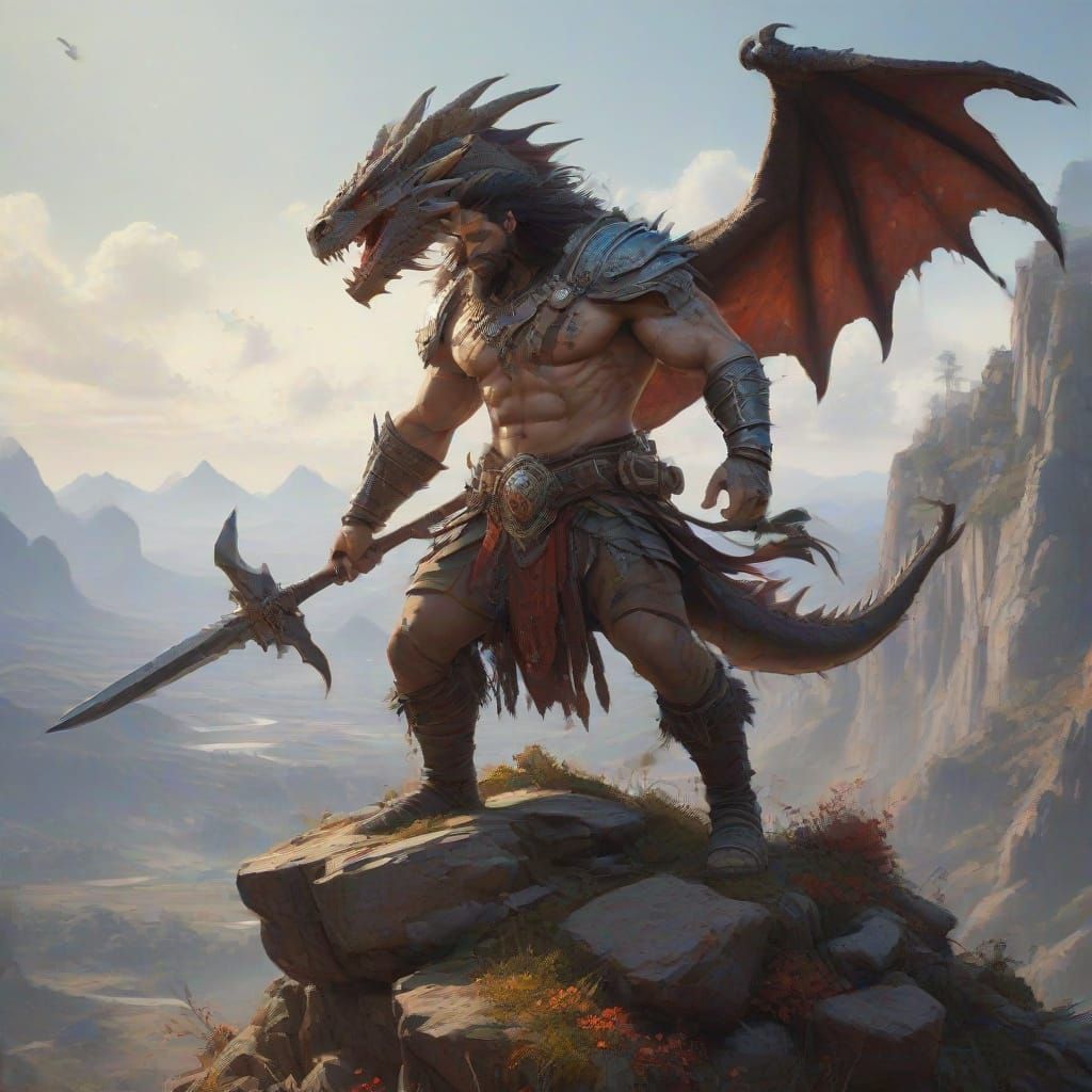 Heroic Barbarian Battles Dragon on Dreamlike Hill