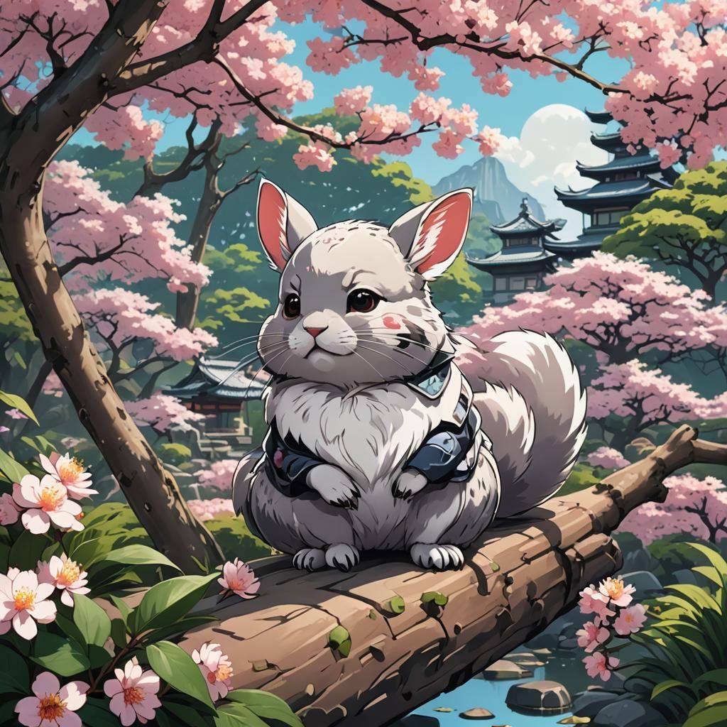 Japanese Garden with Lychee and Chinchilla in Anime Style