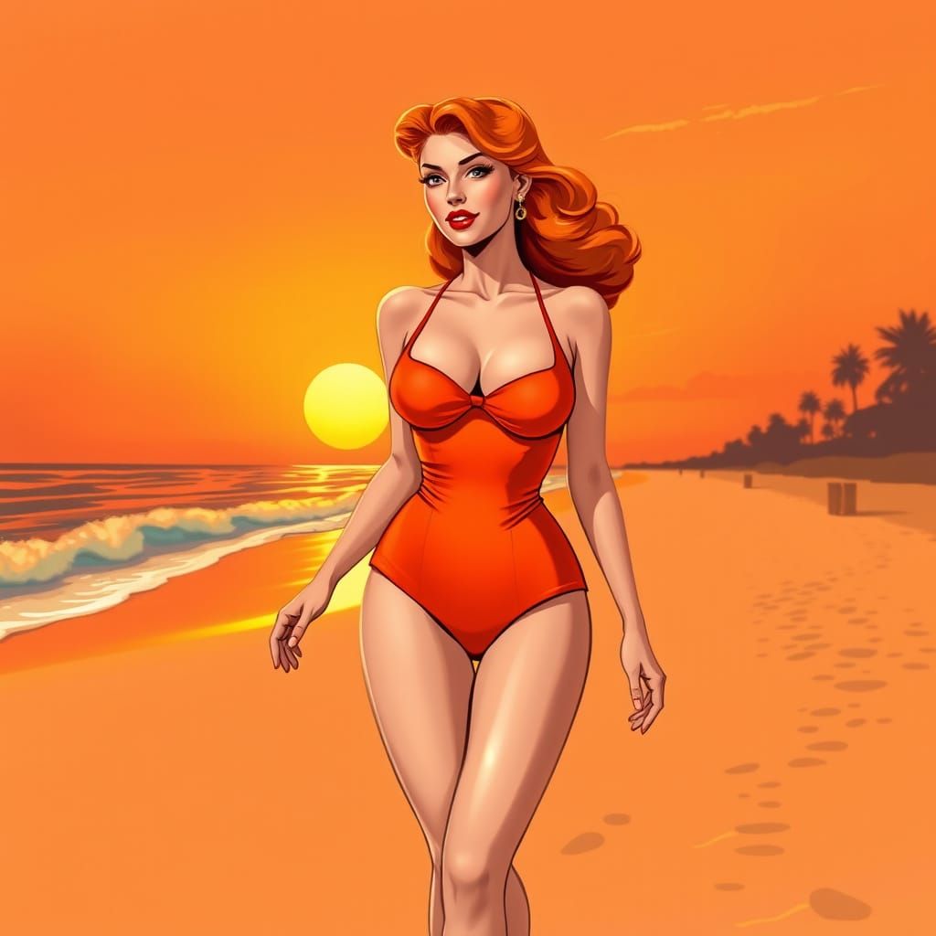 Sultry 50s Pin-Up Girl Strolls the Beach