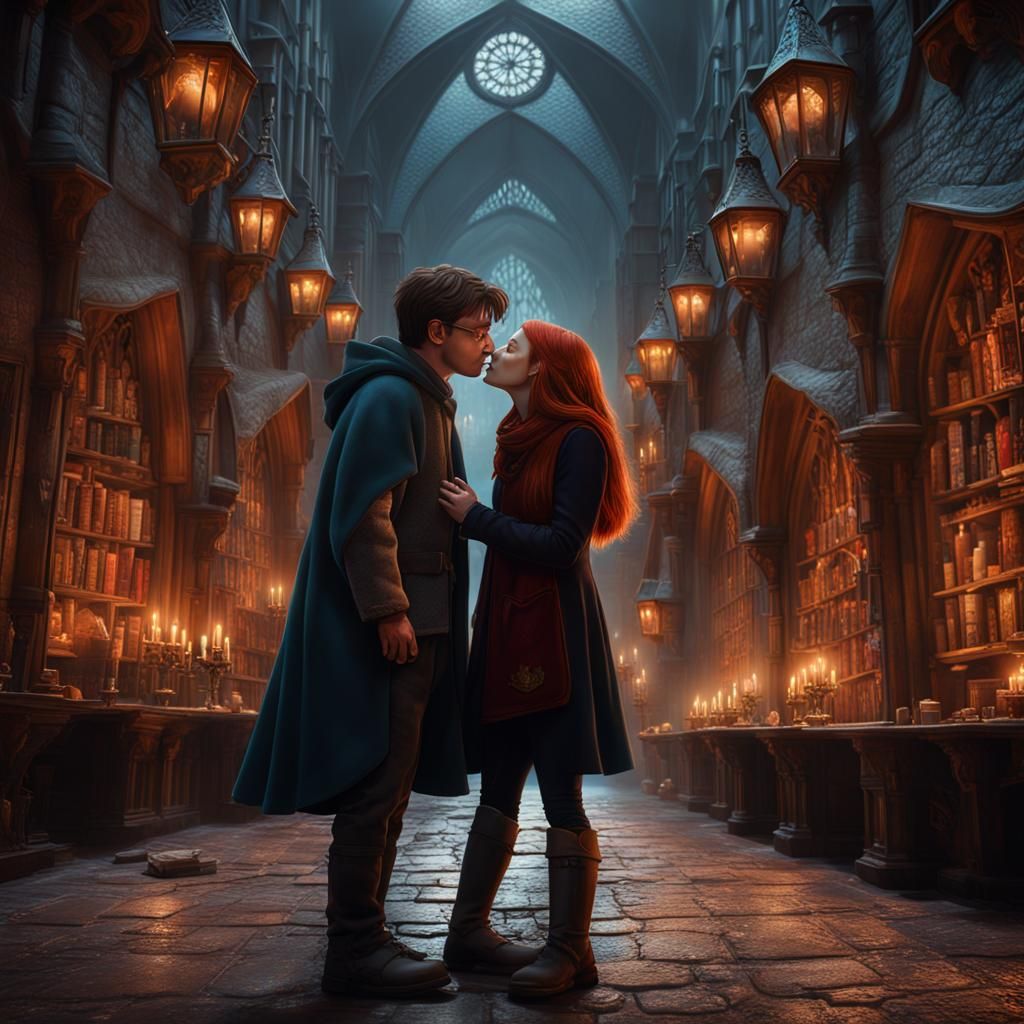 Harry Potter and Ginny Weasley Kissing: Detailed Fantasy Art