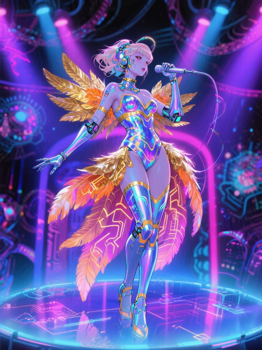 Futuristic Cybernetic Showgirl on Holographic Stage