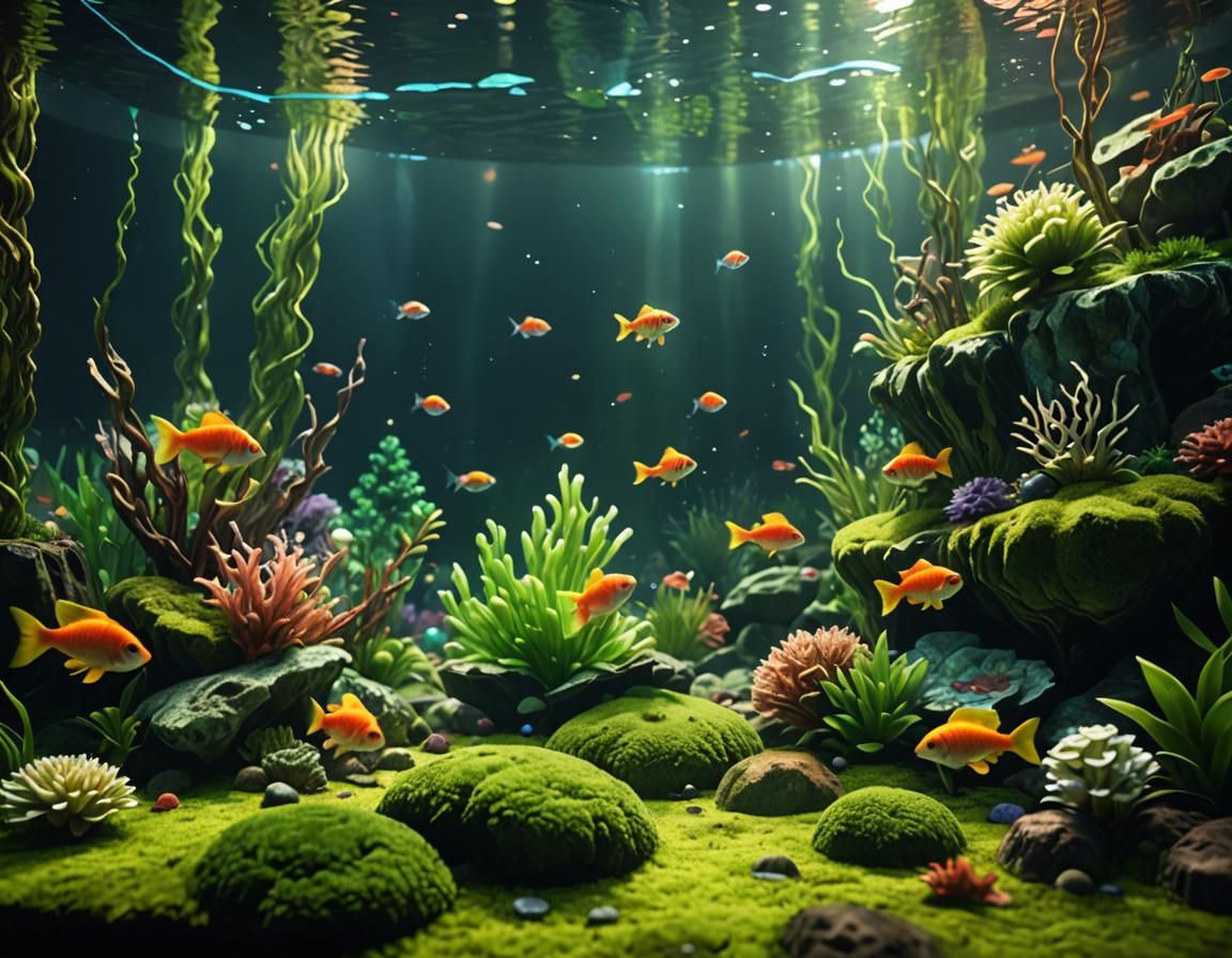 Colorful Fish in Mossy Fishtank, 3D Render