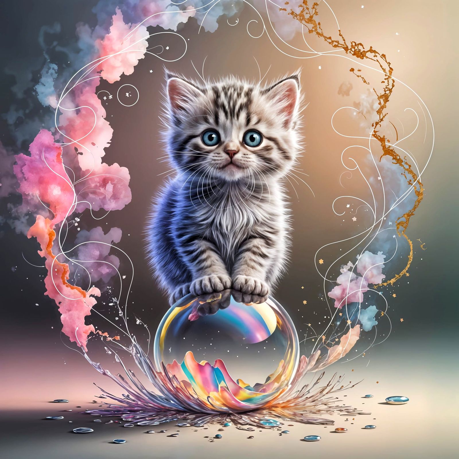 Starstruck Kitten on a Bubble in Watercolor Dreamscape