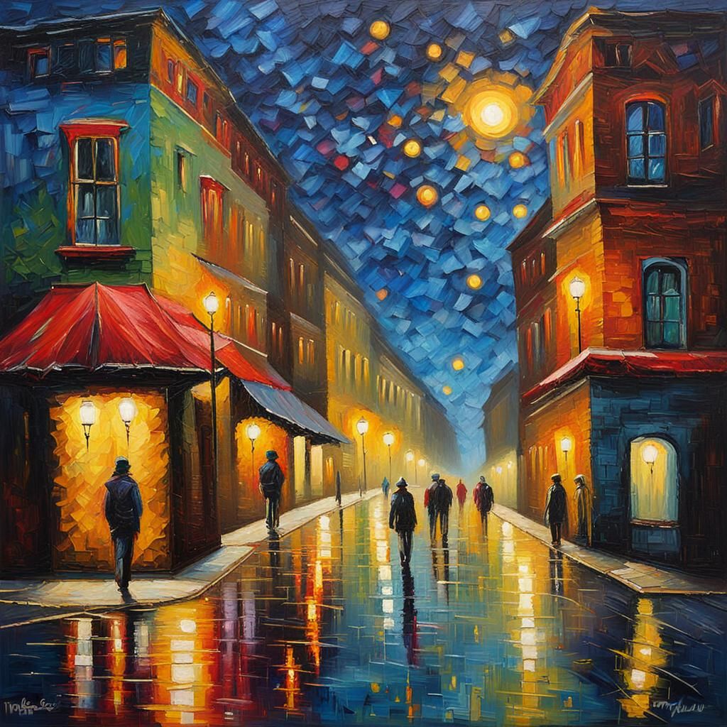 Expressionist Night Cityscape in Impasto Acrylic Style