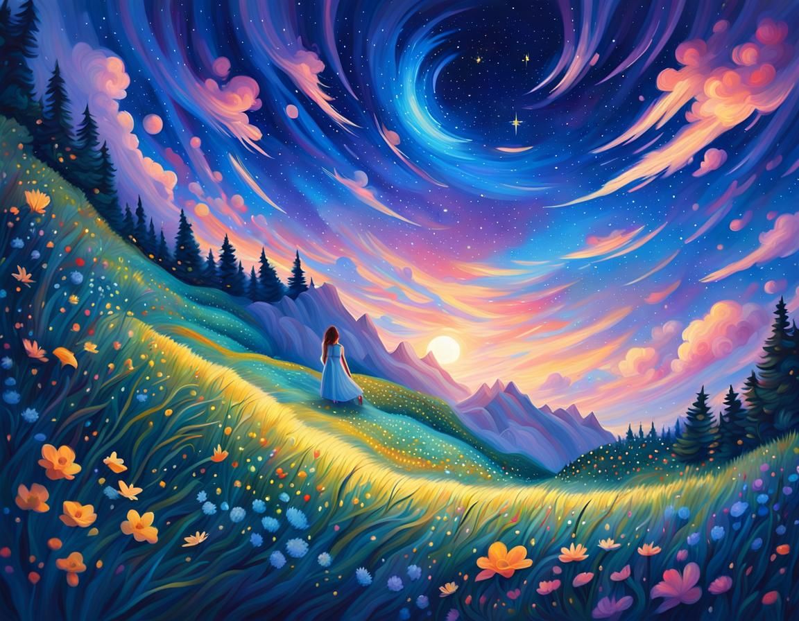 Impressionistic Night Sky Landscape in Oil Painting Style