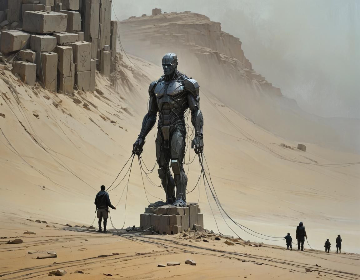 Monumental Stone Statue with Electric Cables, Fine Art