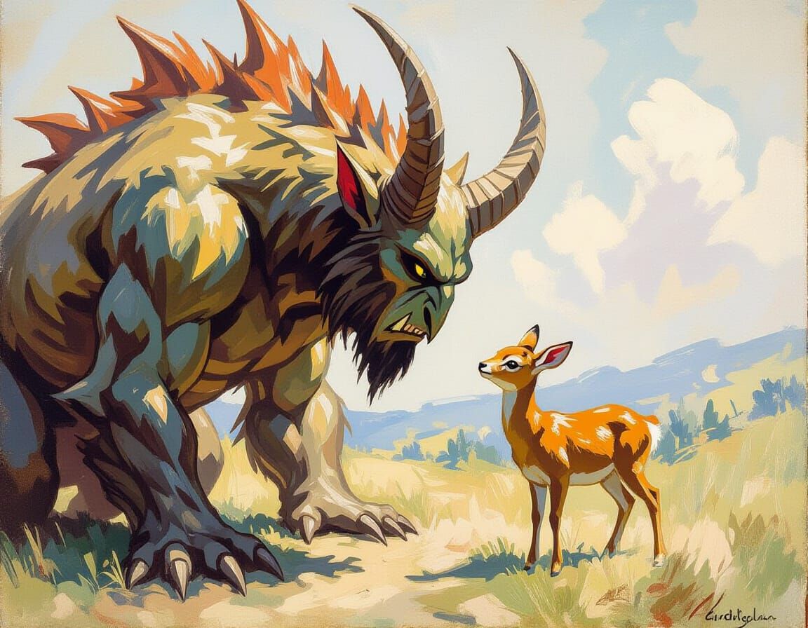Gentle Giant: Horned Monster and Doe, Impressionist Style