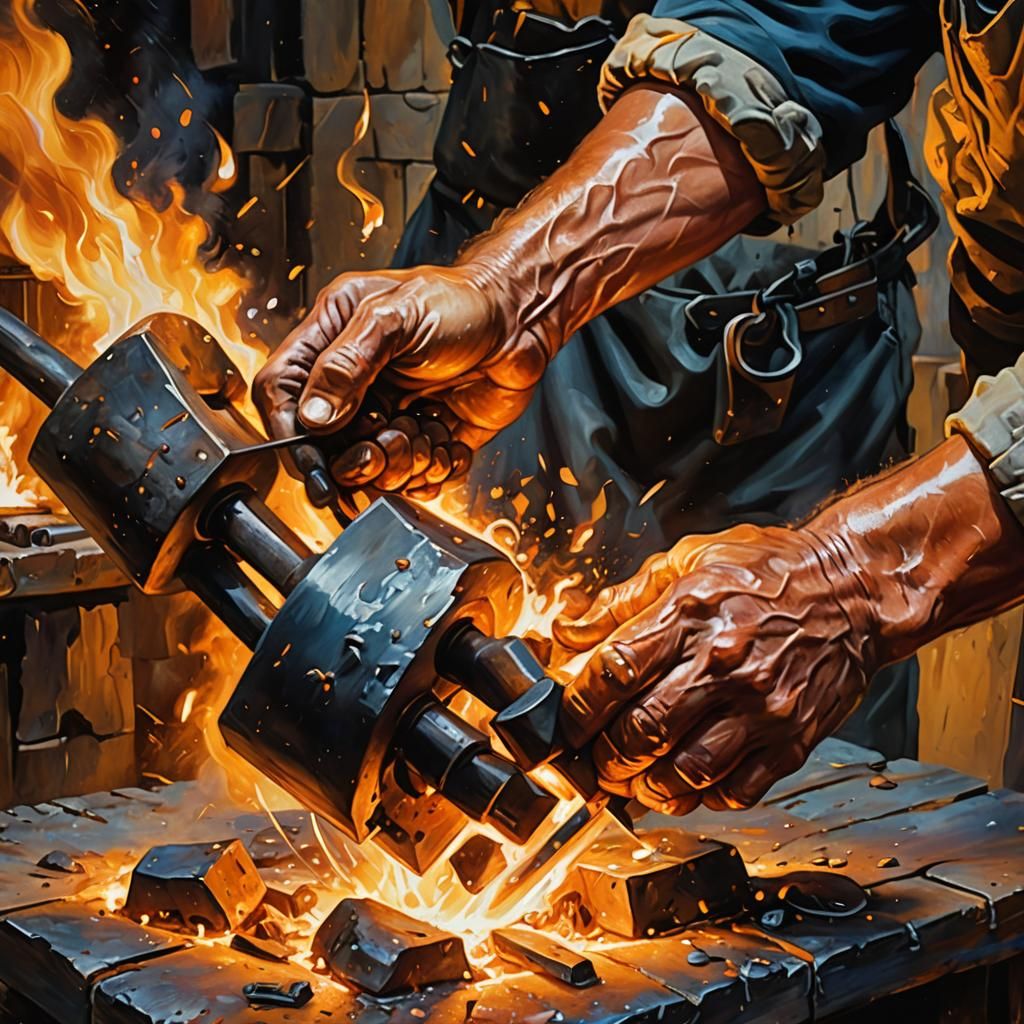 Blacksmith Forging Glowing Metal Head as Oil Painting
