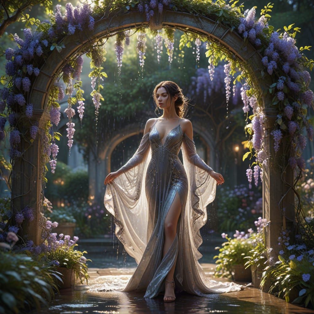 Elegant Lady Dancing in Rainy Wisteria Garden