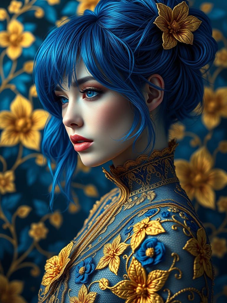 Stunning Woman in Lace and Mesh with Blue and Gold Splash Ar...