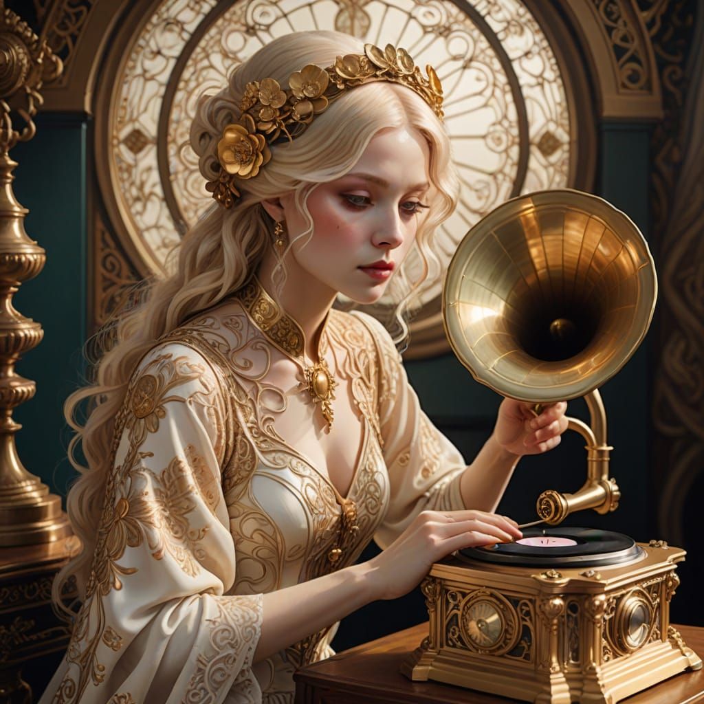 Ethereal Art Nouveau Beauty with Golden Gramophone