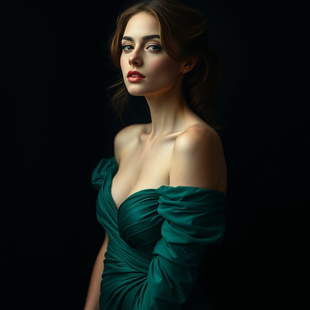 Elegant Woman in Emerald Green Gown, Dark Background