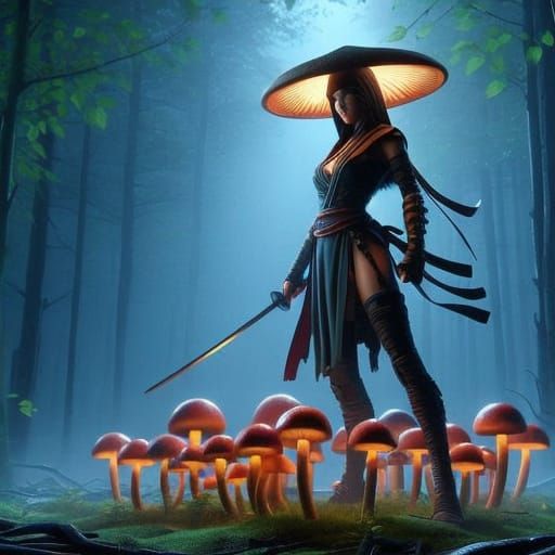 Mystical Forest Warrior in Cyberpunk Style