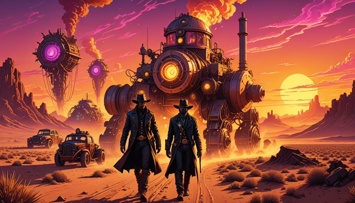 Cowboy in Synthwave Steampunk Desert