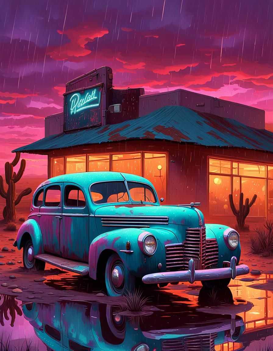 Derelict Car at Dusk in Retro Style