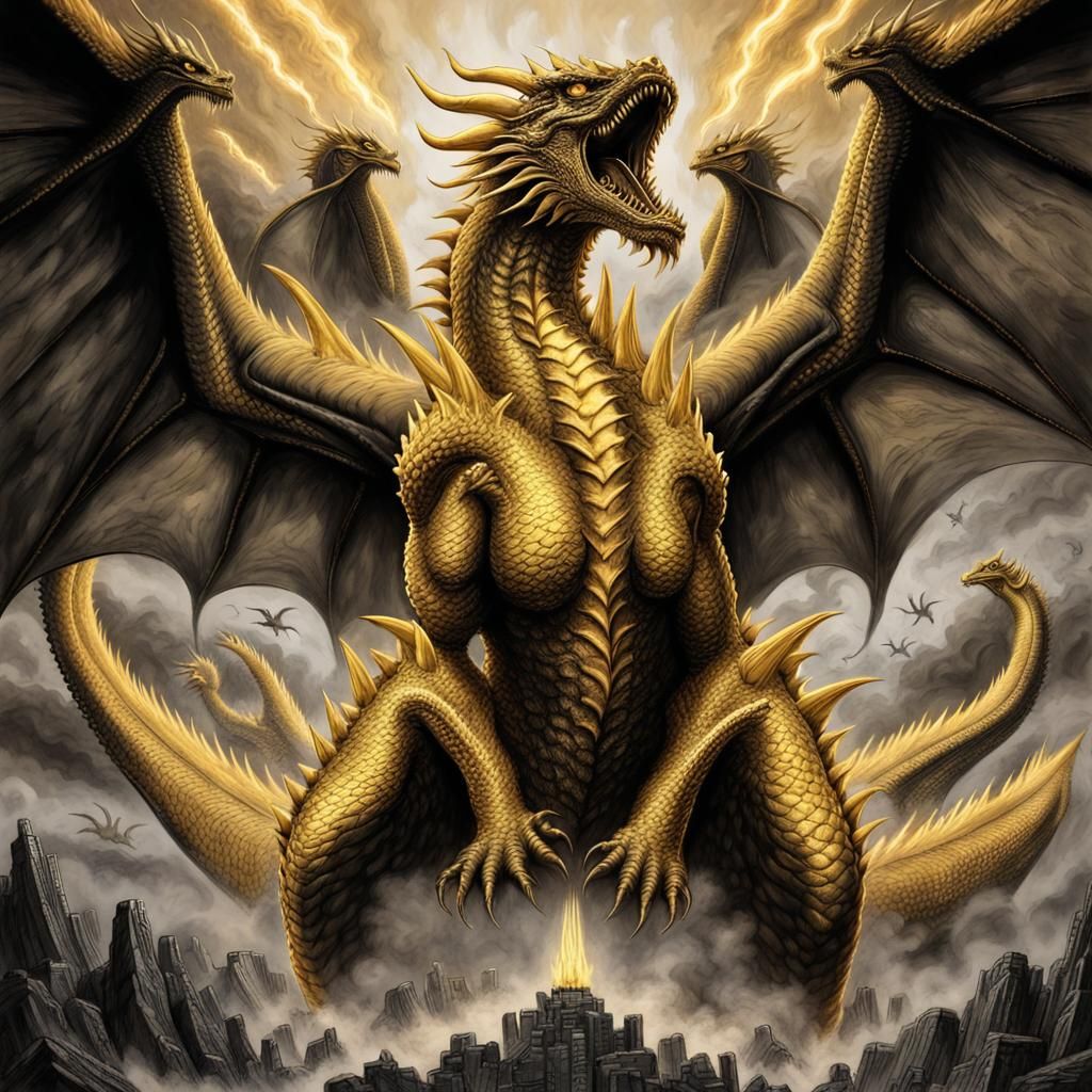 King Ghidorah Roaring: Hyperdetailed Charcoal Dragon