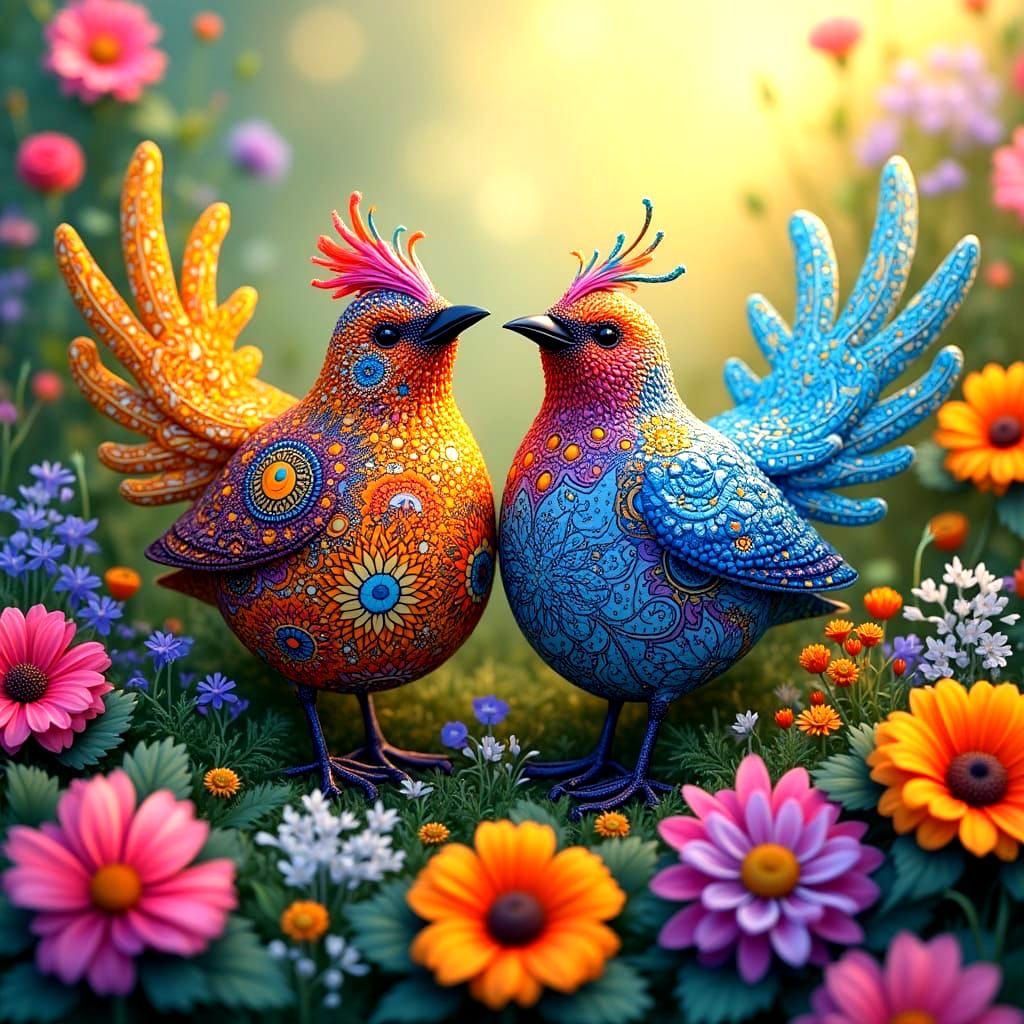Vibrant Birds in a Whimsical Flower Garden
