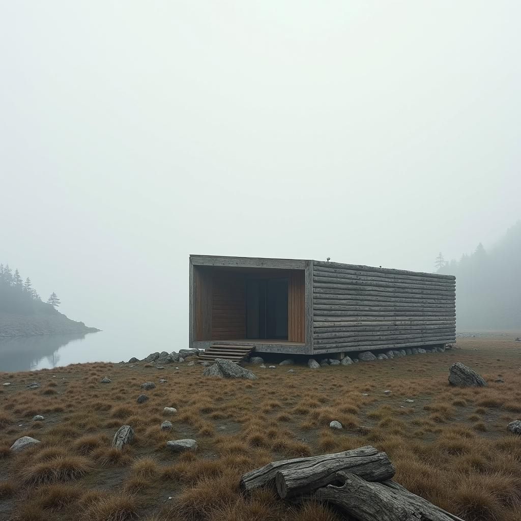 Brutalist Minimalist Log Cabin in Rural Landscape