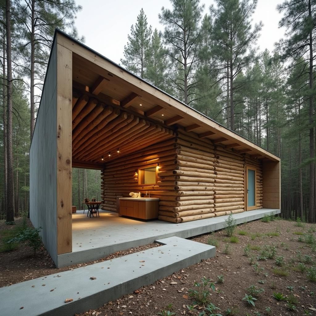 Brutalist Log Cabin Architecture in Forest Setting
