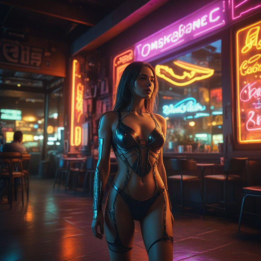 Cyberpunk Woman in Bikini Enters Futuristic Cafe
