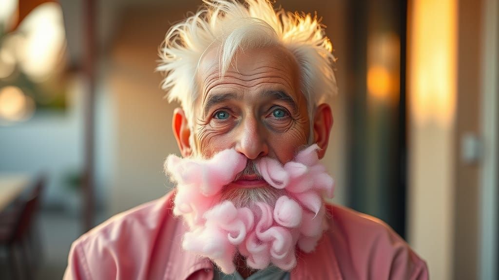 Elderly Man with Cotton Candy Beard in Golden Light