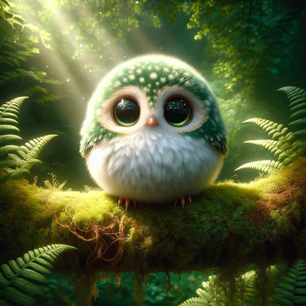 Adorable Green Bird in Dreamlike Forest Setting