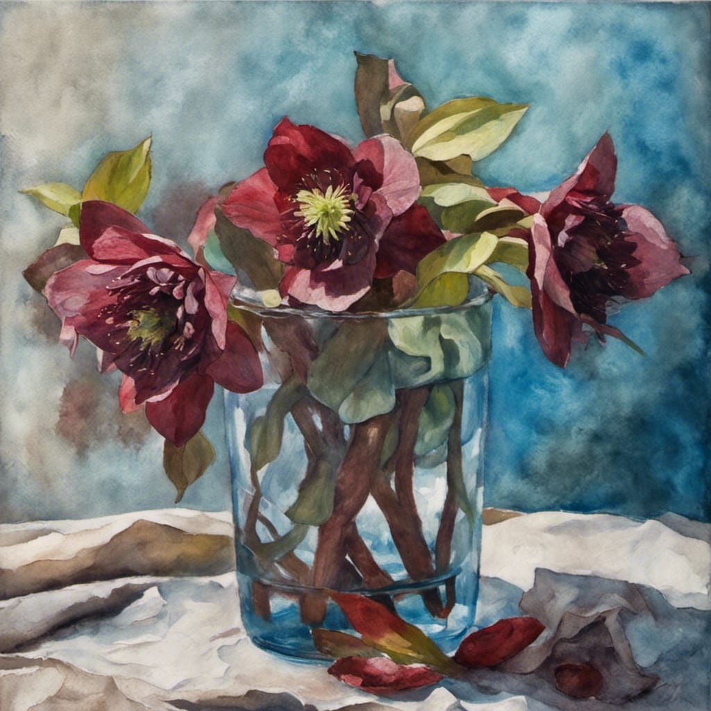 Hellebore Flowers Still Life in Impressionist Gouache Style