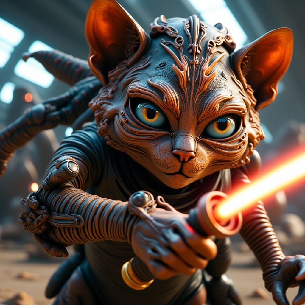Humanoid Cat Wields Light-Saber in Epic Sci-Fi Landscape