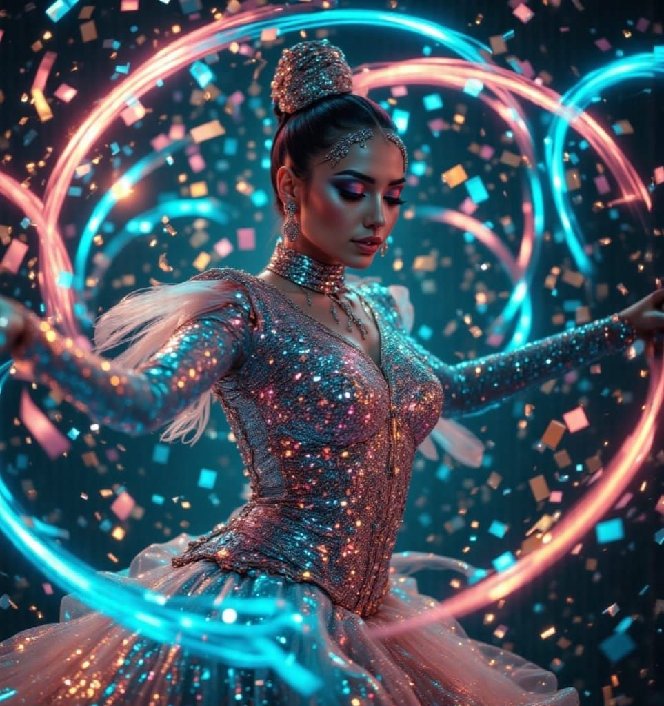 Aerialist Twirls Neon Hoops in Sparkling Circus