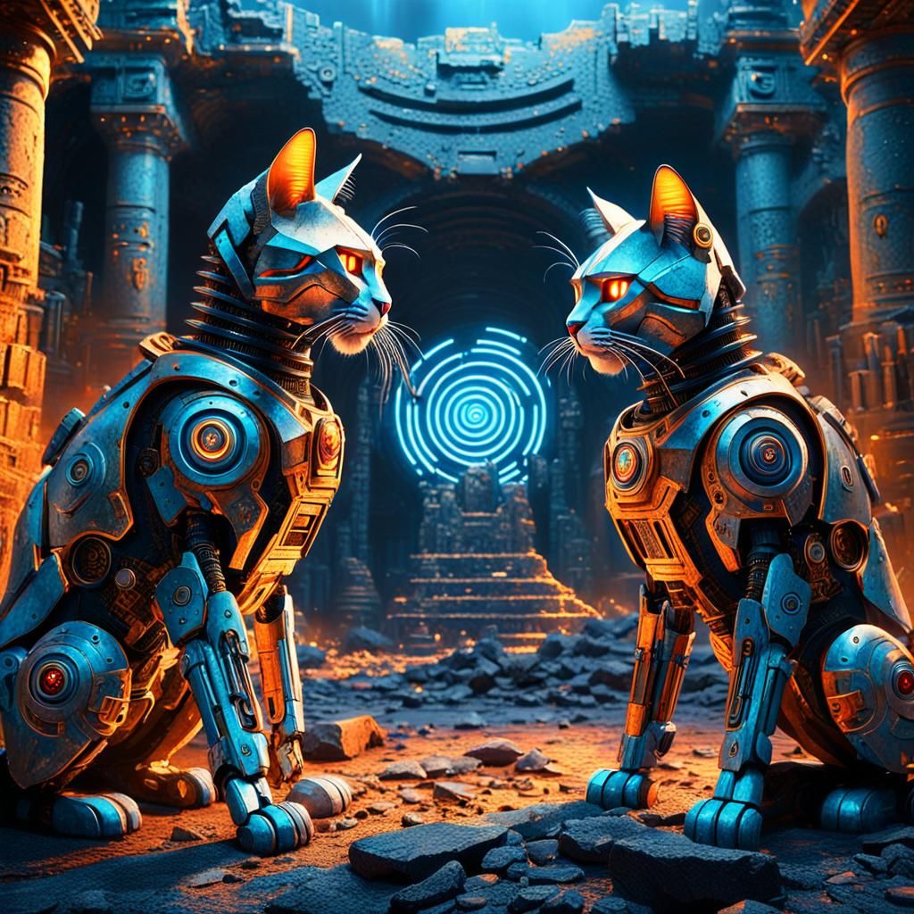 Ancient Ruin Robot Cats Engage in Futuristic Duel
