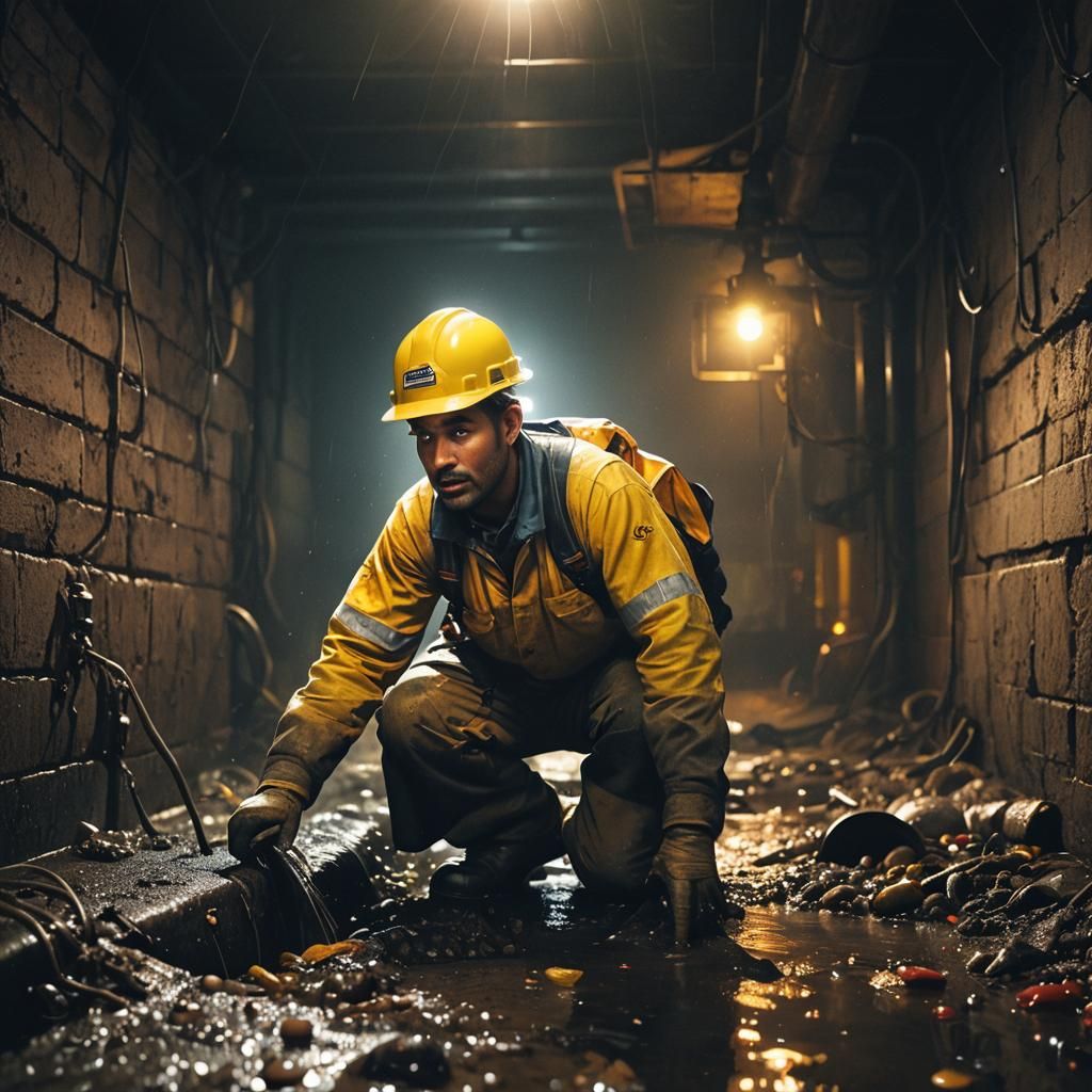 Sanitation Worker Descends into Dark Sewer in High-Contrast...