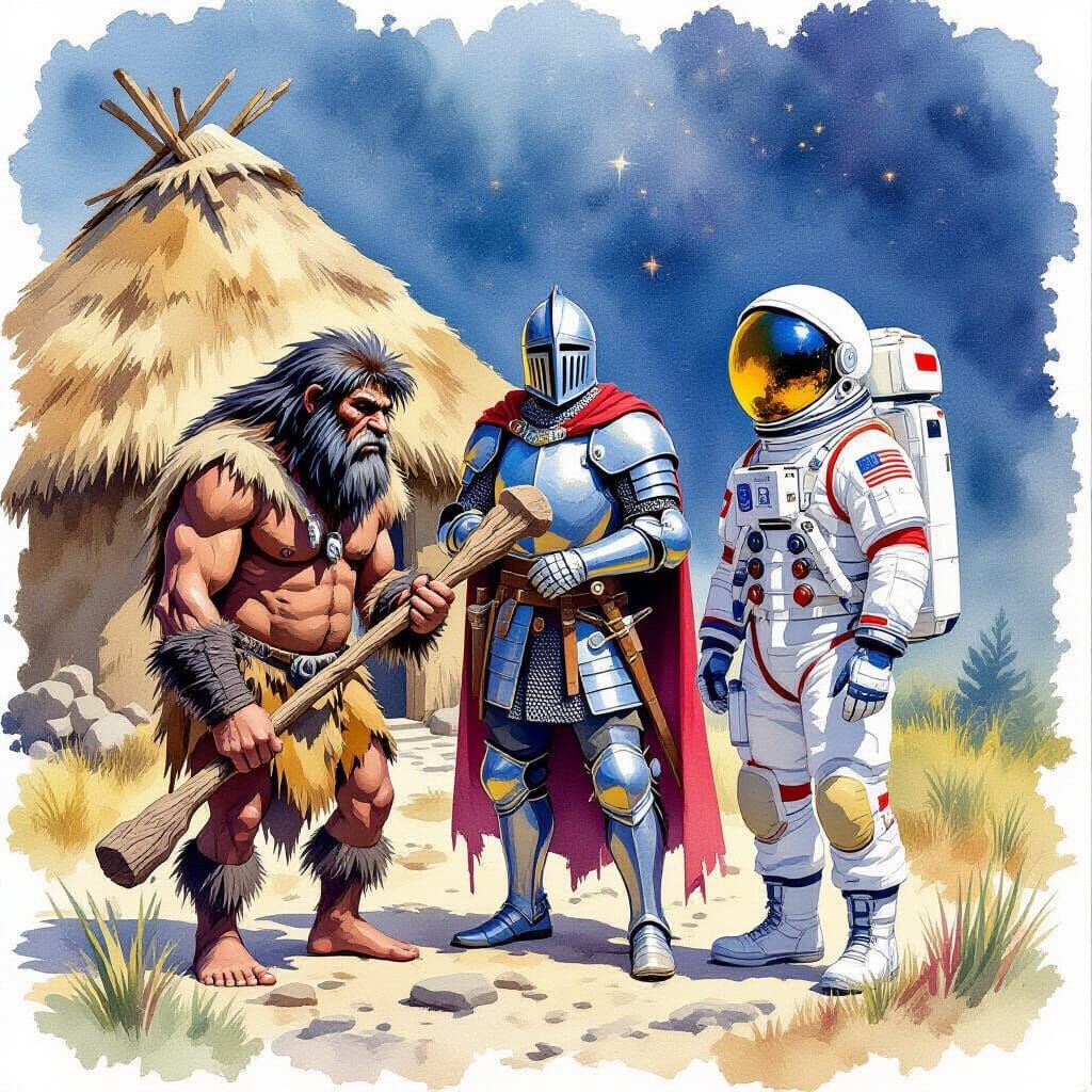 Neanderthal, Knight & Astronaut with Candy in Gouache Style