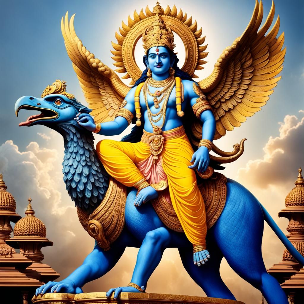 Vishnu Riding Garuda in Hyperrealistic Detail