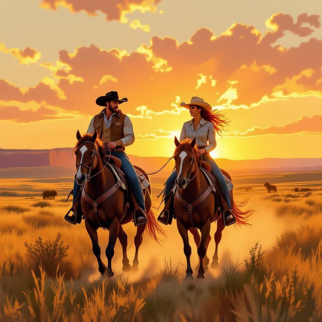 Cowboy and Cowgirl Riding Horses at Golden Hour