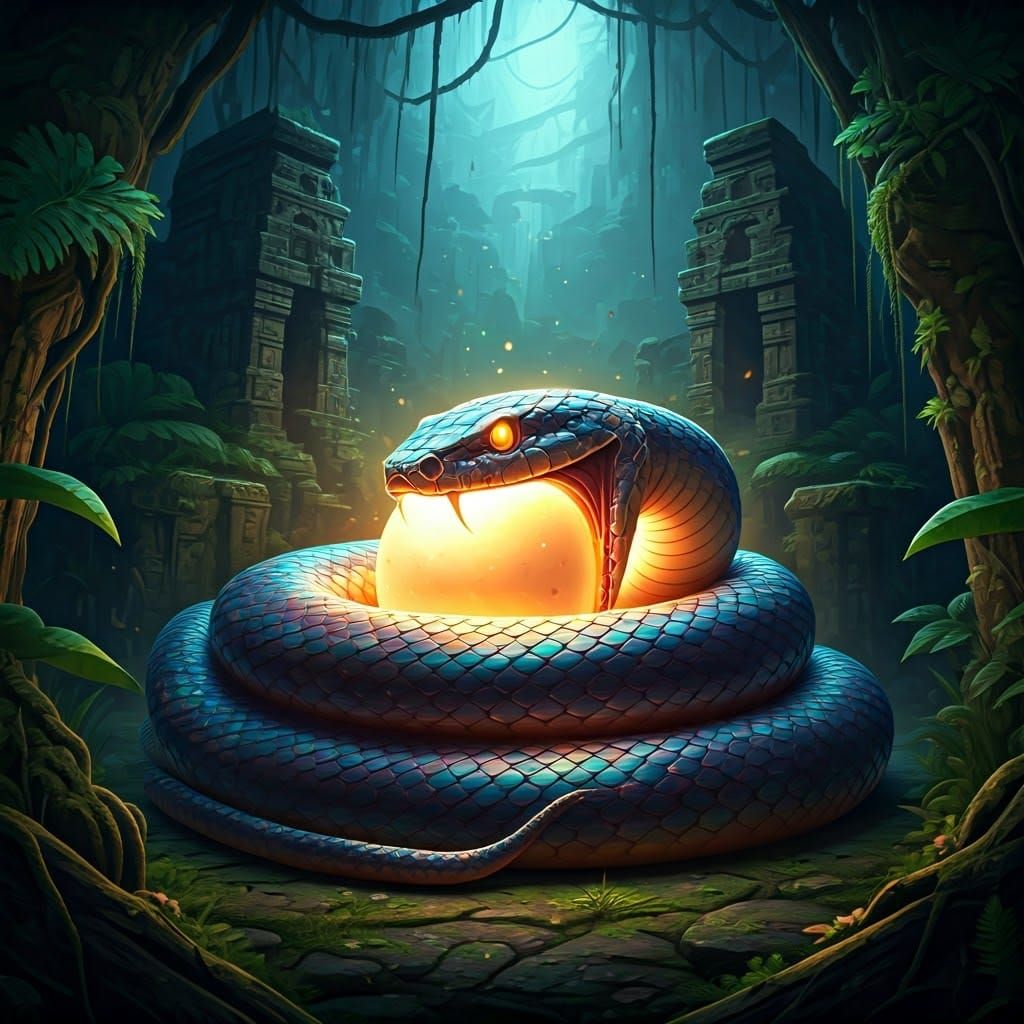 Iridescent Snake Swallows Glowing Egg in Jungle