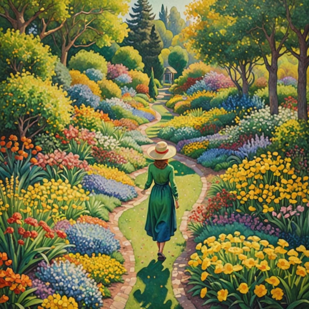 Woman in Garden: Pointillist Oil Painting