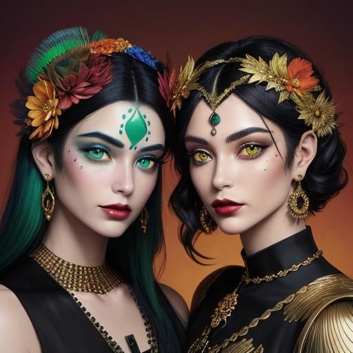 Comic Book Women with Peacock Feathers and Gold Skin