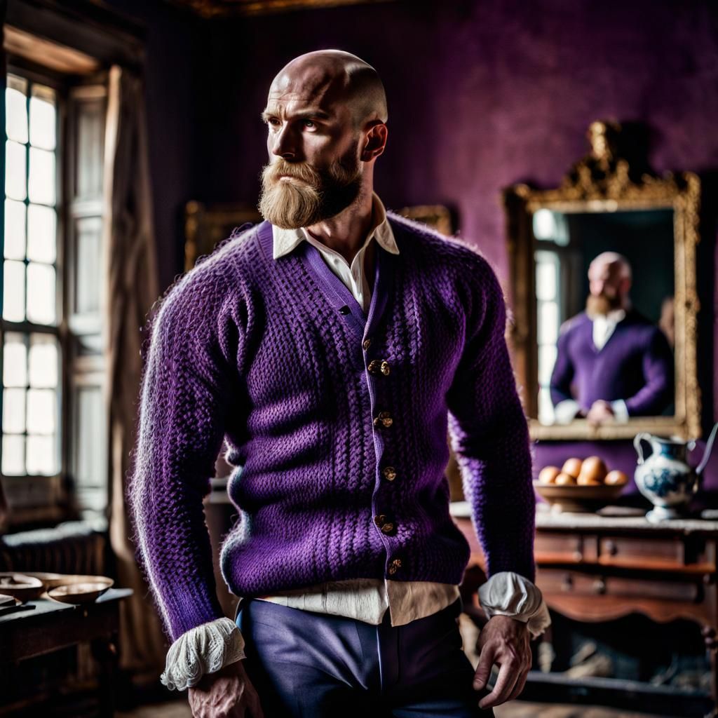 Handsome bald man in purple sweater