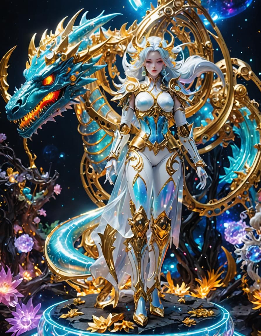 Rainbow Chimera Dragon Girl in Cyberpunk Style