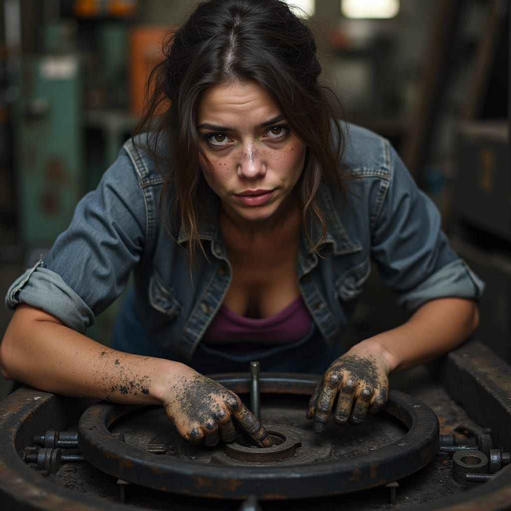 Tired but Resolute Woman Works on Industrial Machine