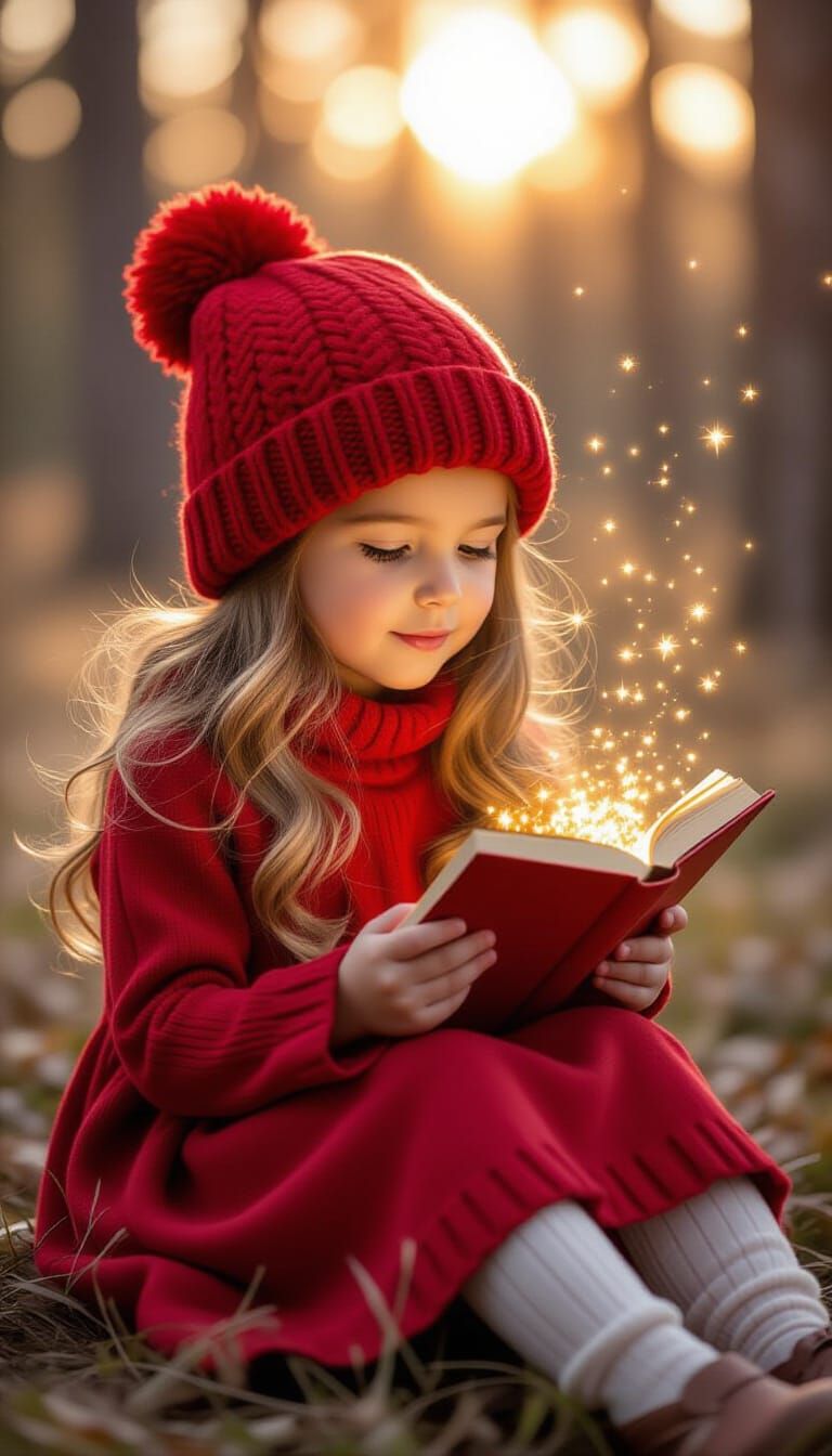 Enchanted Girl Reading Magic Book in Golden Hour Forest