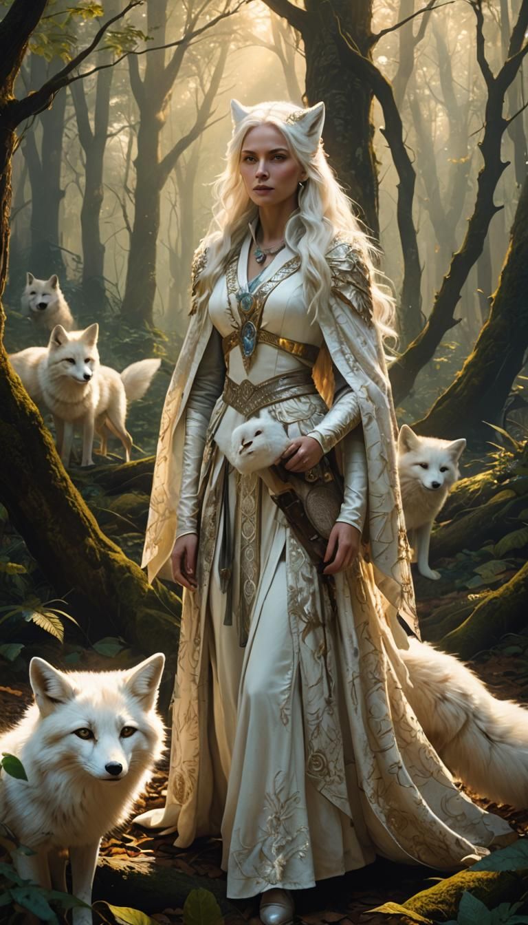 Woman and White Fox in Mystical Forest