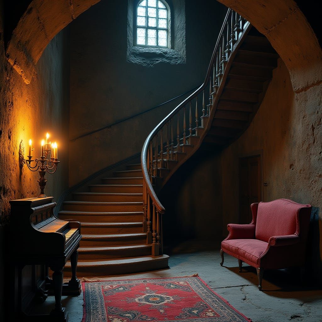 Mysterious Medieval Hall with Dark Escalator and Antique Fur...