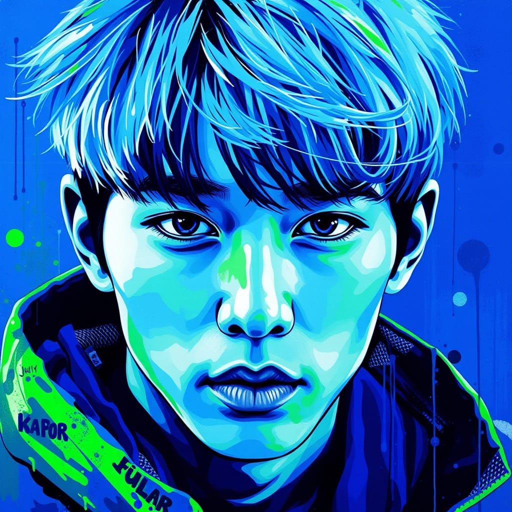 Male Kpop Idol Portrait in Blue and Green Graffiti