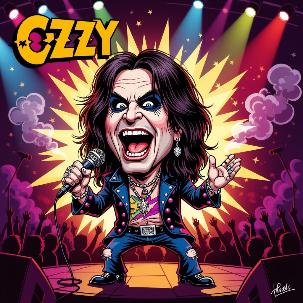 Ozzy Osbourne Caricature at Rock Concert in Comic Art Style