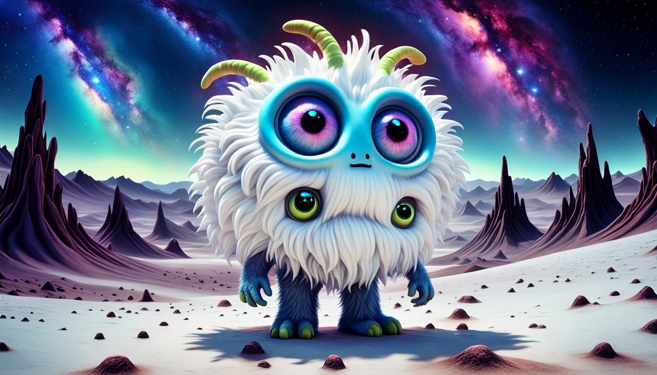 Adorable Alien Fuzz Monster on Surreal Planet