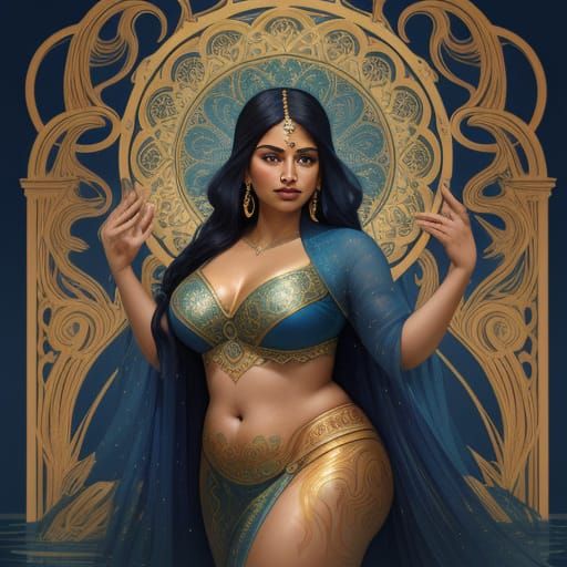 Plump Indian Woman in Shower, Art Nouveau Style