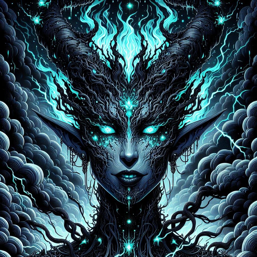 Surreal Fantasy Woman Emerges from Dark Clouds in Cyberpunk-...