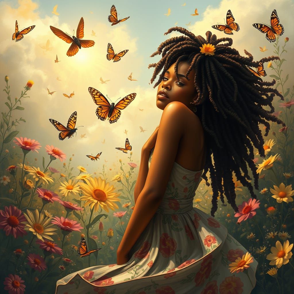 Melanated Woman in Floral Landscape, Digital Painting
